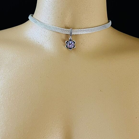 Beautiful Choker Silver Mesh Flower Pendant Purple Stone Fashion Necklace 1078 - Picture 4 of 10